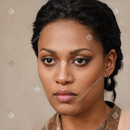 Neutral black young-adult female with short  black hair and brown eyes