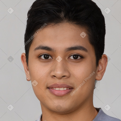 Joyful asian young-adult female with short  brown hair and brown eyes