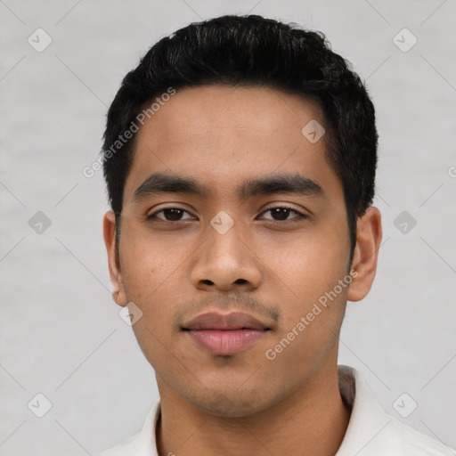 Neutral asian young-adult male with short  black hair and brown eyes