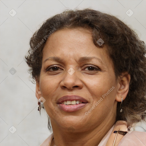 Joyful white adult female with short  brown hair and brown eyes