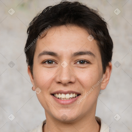 Joyful white young-adult female with short  brown hair and brown eyes