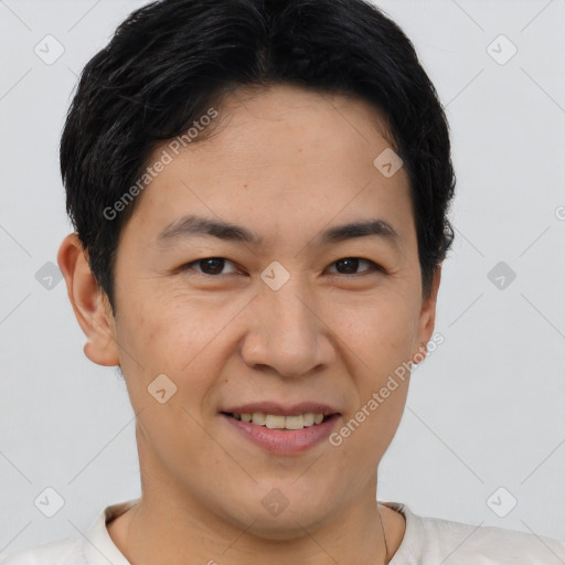 Joyful latino young-adult male with short  brown hair and brown eyes