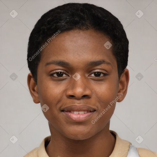 Joyful latino young-adult female with short  black hair and brown eyes