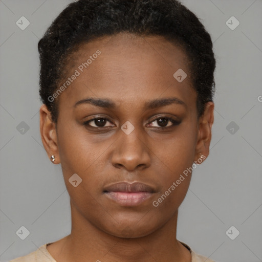 Neutral black young-adult female with short  brown hair and brown eyes