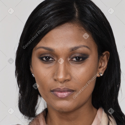 Joyful black young-adult female with medium  black hair and brown eyes