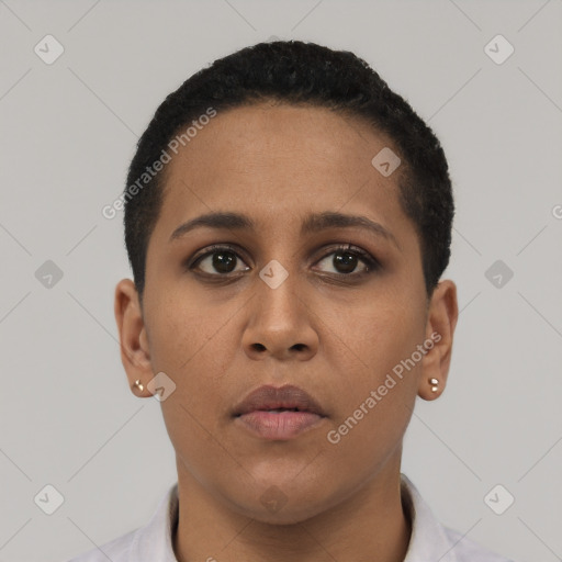 Neutral latino young-adult female with short  black hair and brown eyes