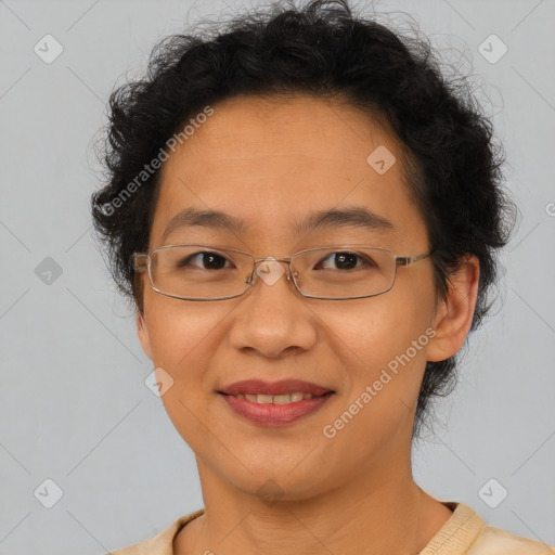 Joyful latino adult female with short  brown hair and brown eyes