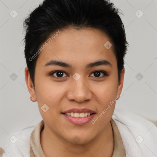 Joyful latino young-adult female with short  brown hair and brown eyes
