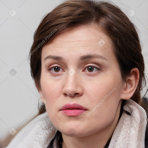 Neutral white young-adult female with medium  brown hair and grey eyes