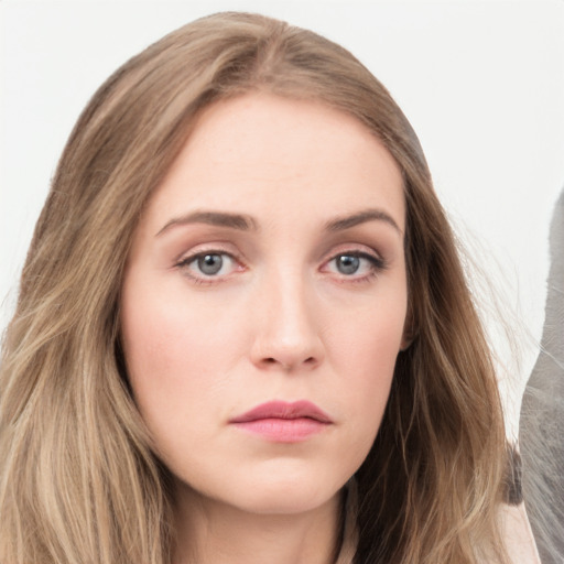 Neutral white young-adult female with long  brown hair and grey eyes