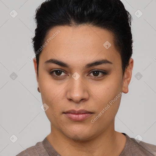 Neutral latino young-adult female with short  black hair and brown eyes