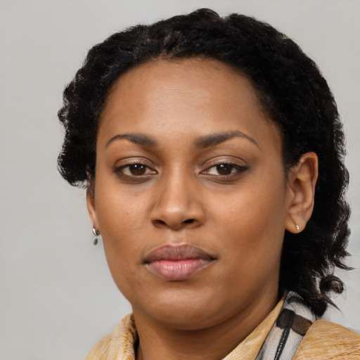 Neutral black young-adult female with medium  black hair and brown eyes
