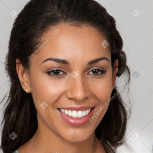 Joyful latino young-adult female with medium  brown hair and brown eyes