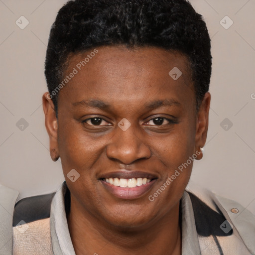 Joyful black young-adult male with short  brown hair and brown eyes