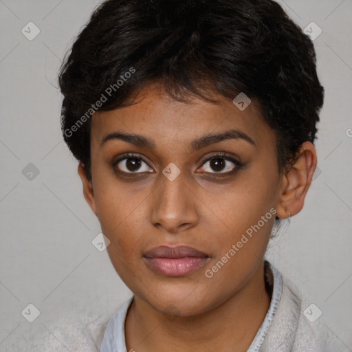 Neutral black young-adult female with short  brown hair and brown eyes