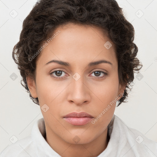 Neutral white young-adult female with short  brown hair and brown eyes