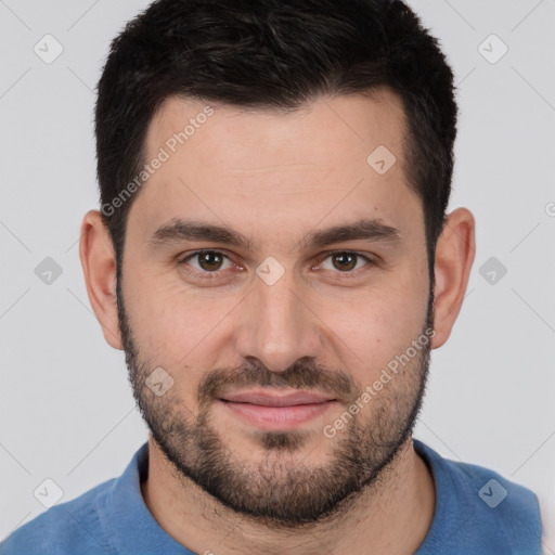 Joyful white young-adult male with short  brown hair and brown eyes