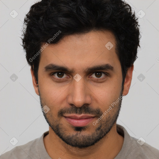 Neutral latino young-adult male with short  black hair and brown eyes