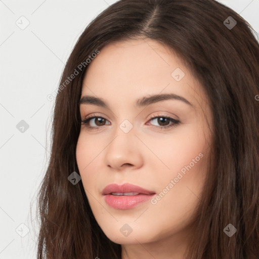 Neutral white young-adult female with long  brown hair and brown eyes