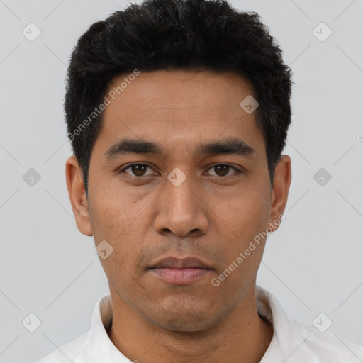 Neutral asian young-adult male with short  black hair and brown eyes