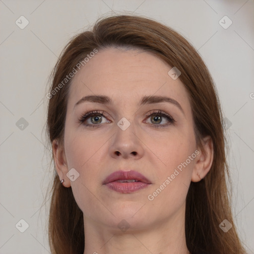 Neutral white young-adult female with long  brown hair and brown eyes