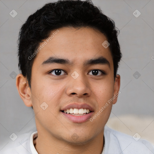 Joyful latino young-adult male with short  brown hair and brown eyes