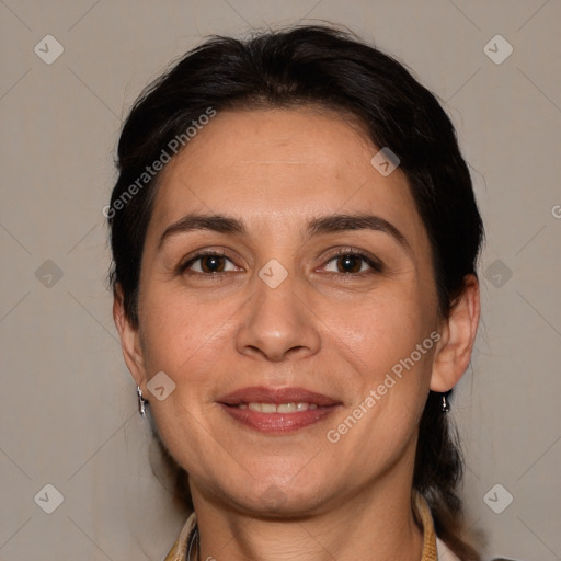 Joyful white adult female with medium  brown hair and brown eyes