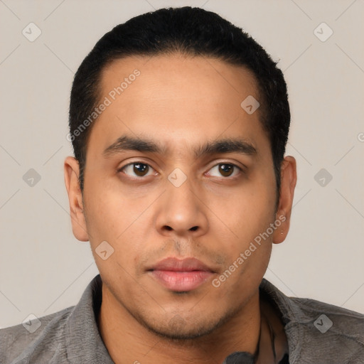 Neutral latino young-adult male with short  black hair and brown eyes