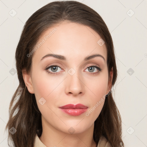 Neutral white young-adult female with medium  brown hair and grey eyes