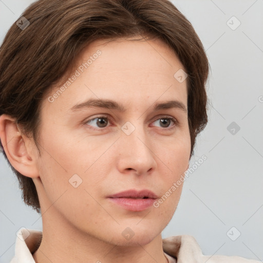 Neutral white young-adult female with short  brown hair and brown eyes