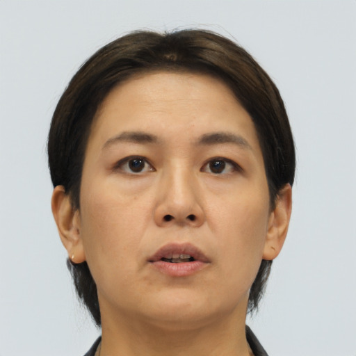 Neutral asian young-adult female with short  brown hair and brown eyes