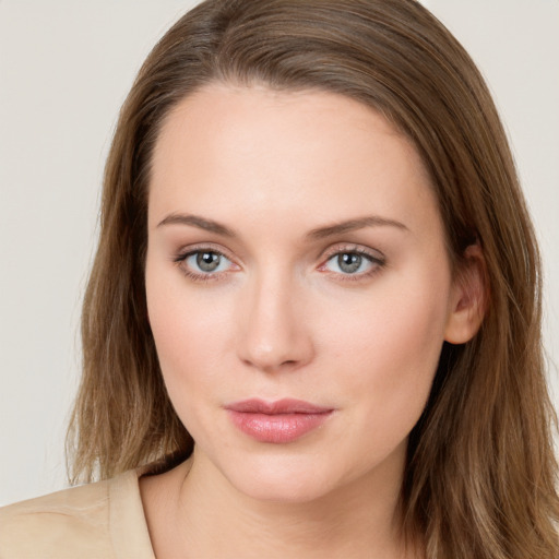 Neutral white young-adult female with long  brown hair and grey eyes