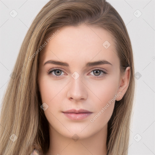 Neutral white young-adult female with long  brown hair and brown eyes