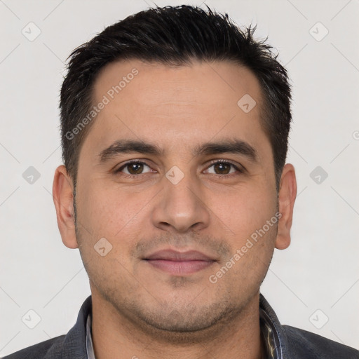 Joyful white young-adult male with short  brown hair and brown eyes