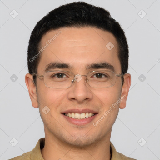 Joyful white young-adult male with short  black hair and brown eyes