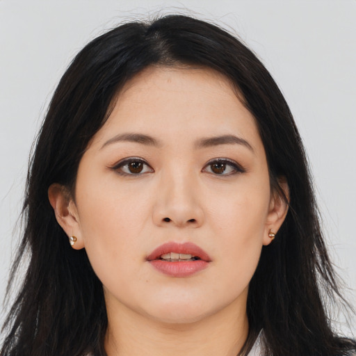 Neutral asian young-adult female with long  black hair and brown eyes