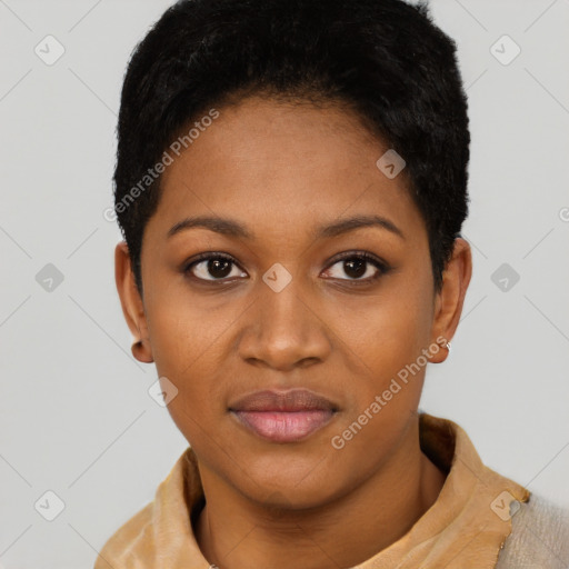 Joyful black young-adult female with short  black hair and brown eyes