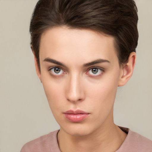 Neutral white young-adult female with short  brown hair and brown eyes