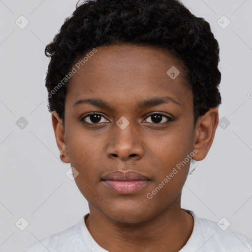 Neutral black young-adult female with short  black hair and brown eyes