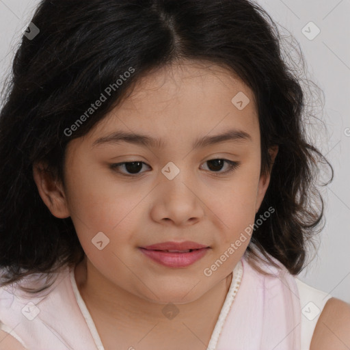 Joyful white child female with medium  brown hair and brown eyes