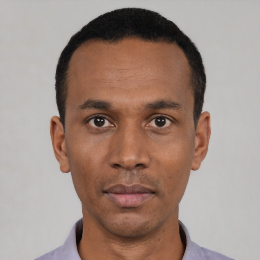 Neutral black young-adult male with short  black hair and brown eyes