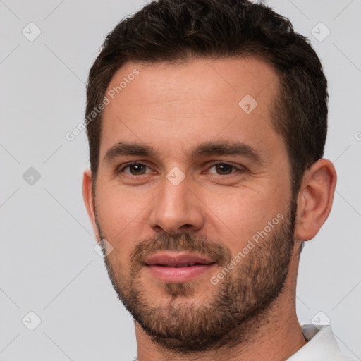 Neutral white young-adult male with short  brown hair and brown eyes