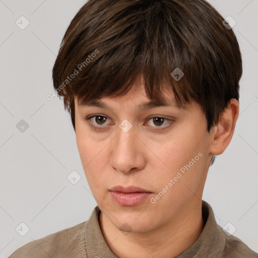 Neutral white young-adult female with short  brown hair and brown eyes