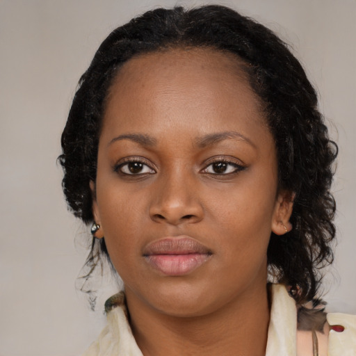 Neutral black young-adult female with medium  black hair and brown eyes
