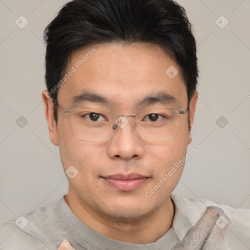 Joyful asian young-adult male with short  brown hair and brown eyes