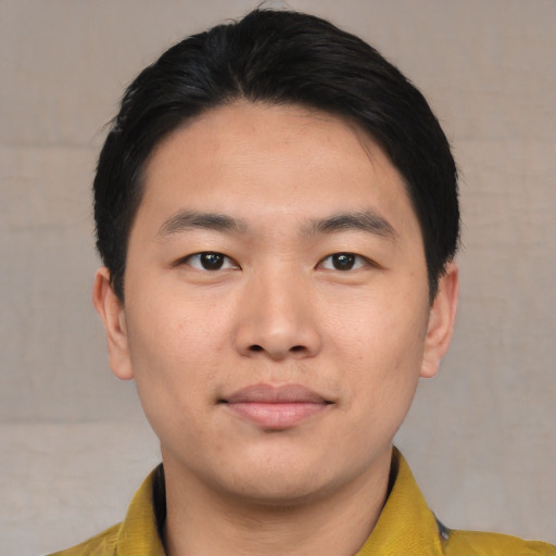Neutral asian young-adult male with short  black hair and brown eyes