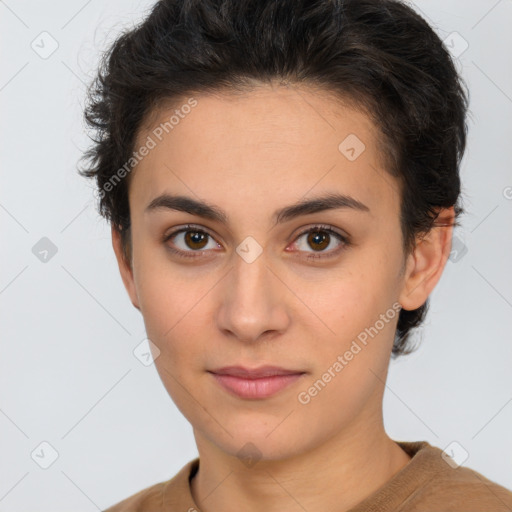 Neutral white young-adult female with short  brown hair and brown eyes