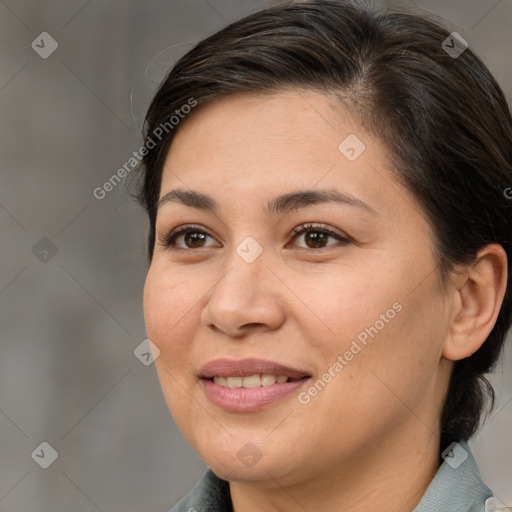 Joyful white young-adult female with medium  brown hair and brown eyes