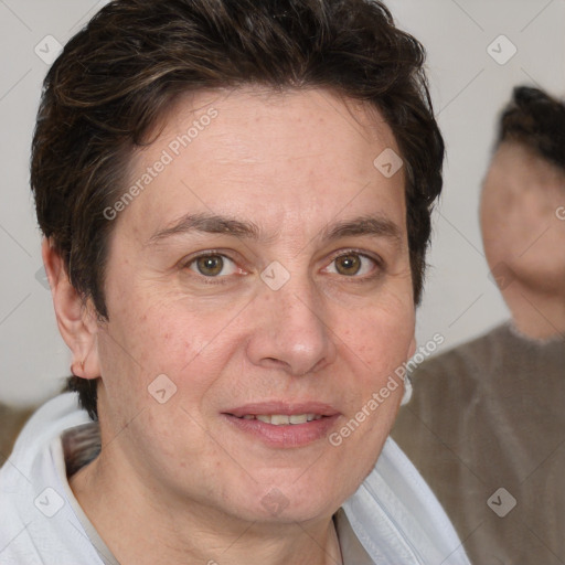 Joyful white adult female with short  brown hair and brown eyes