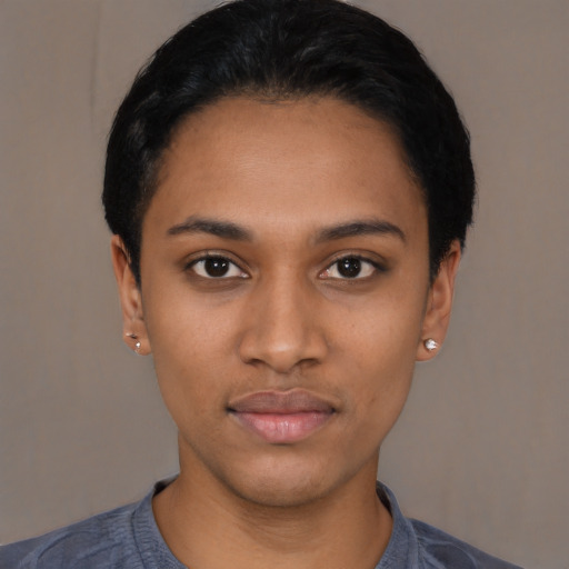 Neutral asian young-adult female with short  black hair and brown eyes
